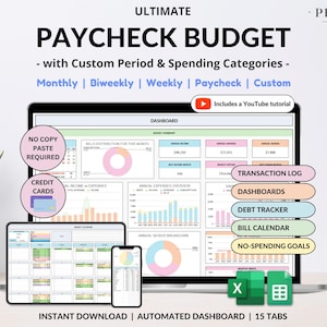Hoja de cálculo de presupuesto de nómina, presupuesto semanal, presupuesto mensual, seguimiento de facturas quincenales, seguimiento de deudas, planificador financiero, plantilla de Hojas de cálculo de Google y Excel.