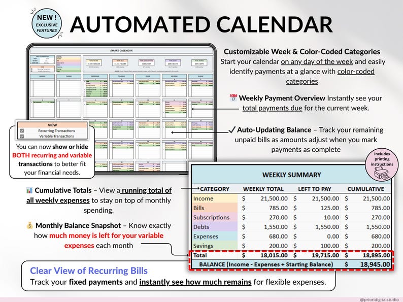 Ultimate Budget Spreadsheet Multicolored theme for Google Sheets & Excel – Annual and Monthly Budget Tracker with Bill, Debt & Savings Tracking. Includes recurring transactions, subscriptions, income, and expenses. Perfect personal finance planner for couples or families (up to 6 users). Start anytime and manage your money with ease.