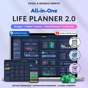 Life Planner Dark Mode Google Sheets Budget Tracker ADHD Daily Planner Weekly Time Blocking Meal Planner Productivity Template Excel Savings