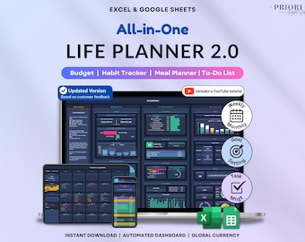 May include: A digital life planner displayed on a laptop, tablet, and smartphone. The planner includes budget, habit tracker, meal planner, and to-do list features. The image also shows Excel and Google Sheets icons, and the text "All-in-One LIFE PLANNER 2.0".