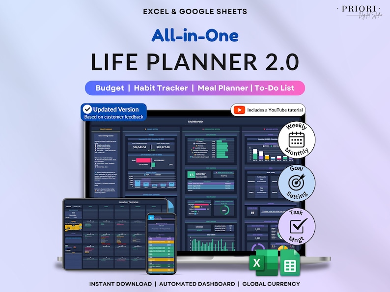 Dark mode ADHD Life Planner designed in Google Sheets and Excel to help you stay organized with an all-in-one digital dashboard. Includes a 2026 calendar, weekly and monthly planners, to-do lists, time blocking, goal tracking, habit tracker, budget and savings trackers, debt tracker, meal planner, grocery list, fitness and hydration trackers. A simple, modern, and easy-to-use spreadsheet template for everyday life management.
