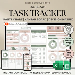 Könnte beinhalten: Ein digitaler Task-Tracker, der auf einem Laptop, Tablet und Telefon angezeigt wird. Der Bildschirm zeigt ein Dashboard mit Diagrammen und Daten. Der Text enthält "All-in-One Task Tracker", "Gantt Chart" und "Kanban Board".
