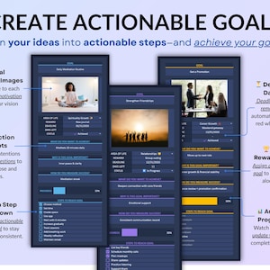 Goal Planner dark mode spreadsheet in Google Sheets and Excel showing annual goal tracking dashboard with life areas, progress bars, deadlines, rewards, action steps, reflection questions, priority goals, and visual charts. Easy goal setting planner for New Year’s resolutions, yearly, quarterly, and monthly planning with automated progress tracking and visual goal overview for 2026. Reuse every single year!