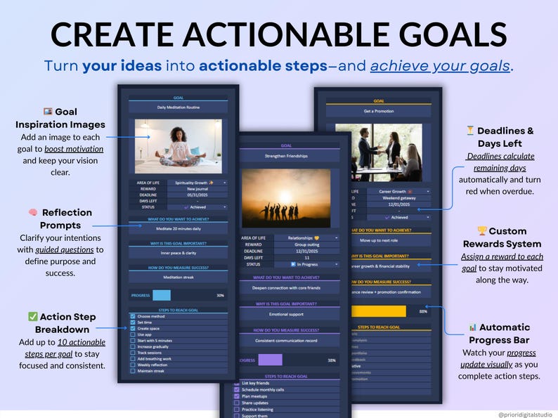 Goal Planner dark mode spreadsheet in Google Sheets and Excel showing annual goal tracking dashboard with life areas, progress bars, deadlines, rewards, action steps, reflection questions, priority goals, and visual charts. Easy goal setting planner for New Year’s resolutions, yearly, quarterly, and monthly planning with automated progress tracking and visual goal overview for 2026. Reuse every single year!