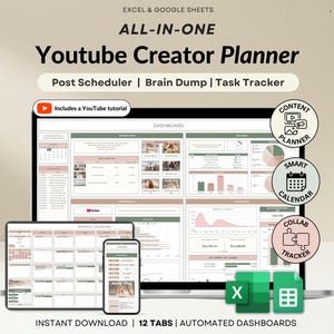May include: A digital YouTube Creator Planner displayed on a laptop, tablet, and phone. The planner includes post scheduling, a brain dump, and a task tracker. The screen displays a dashboard, calendar, and content planning tools.