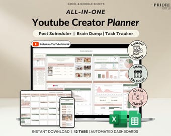 YouTube Content Planner Spreadsheet Monthly Content Calendar Digital Creator Google Sheets Excel Template Social Media Tracker Post Planning