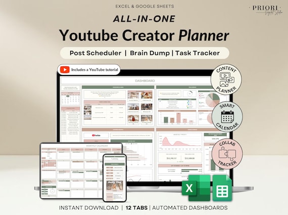 YouTube Content Planner Spreadsheet Monthly Content Calendar Digital Creator Google Sheets Excel Template Social Media Tracker Post Planning