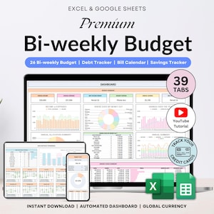 May include: A digital bi-weekly budget template displayed on a laptop, tablet, and smartphone. The template includes a debt tracker, bill calendar, and savings tracker. The image also features a YouTube tutorial link and the text "Track Your Credit Cards."