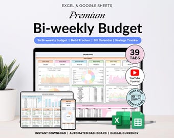 Tweewekelijkse salarisbegrotingsspreadsheet Excel-begroting koppel Google Spreadsheets Tweewekelijkse budgetplanner Schuldtracker Spaartracker Jaarbudget