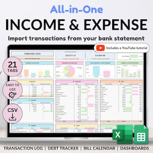 May include: A laptop screen displaying a spreadsheet with 21 tabs, labeled "FEBRUARY 2024". The spreadsheet is designed for tracking income and expenses, with sections for transaction log, debt tracker, bill calendar, and dashboards. The spreadsheet is colorful, with pink, green, and blue accents. The text "All-in-One INCOME & EXPENSE" is displayed at the top of the screen. The text "Import transactions from your bank statement" is displayed below the title. The text "Includes a YouTube tutorial" is displayed in a red box with a play button icon. The text "21 TABS" is displayed in a pink circle. The text "EASY TO USE" is displayed in a pink circle with a gear icon. The text "CSV" is displayed in a pink circle with a download icon. The text "TRANSACTION LOG | DEBT TRACKER | BILL CALENDAR | DASHBOARDS" is displayed at the bottom of the screen.