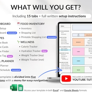 Weekly Meal Planner Spreadsheet for Google Sheets and Excel – organize your family meals, track recipes, plan grocery lists, monitor calories and macros, log hydration and weight, and manage food inventory automatically. Includes 15 tabs for recipes, meal scheduling, printable shopping lists, and weight loss tracking. Perfect for efficient meal planning and healthy eating.