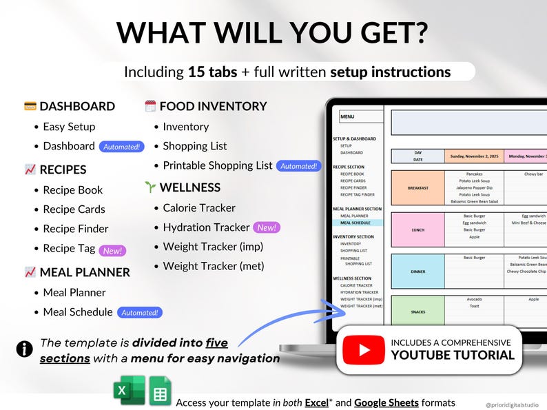 Weekly Meal Planner Spreadsheet for Google Sheets and Excel – organize your family meals, track recipes, plan grocery lists, monitor calories and macros, log hydration and weight, and manage food inventory automatically. Includes 15 tabs for recipes, meal scheduling, printable shopping lists, and weight loss tracking. Perfect for efficient meal planning and healthy eating.