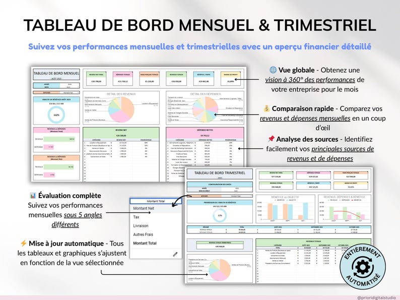 Tableur de comptabilité pour petites entreprises, modèle Excel et Google Sheets pour suivi des revenus, dépenses, profits, taxes et kilométrage. Planificateur financier intelligent, tableau de bord mensuel, trimestriel et annuel, suivi des transactions récurrentes. Idéal pour PME et entrepreneurs, gestion facile et efficace de la comptabilité, suivi des finances, modèle numérique tout-en-un pour petites entreprises et business.
