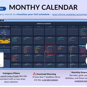 Dark mode ADHD Life Planner designed in Google Sheets and Excel to help you stay organized with an all-in-one digital dashboard. Includes a 2026 calendar, weekly and monthly planners, to-do lists, time blocking, goal tracking, habit tracker, budget and savings trackers, debt tracker, meal planner, grocery list, fitness and hydration trackers. A simple, modern, and easy-to-use spreadsheet template for everyday life management.
