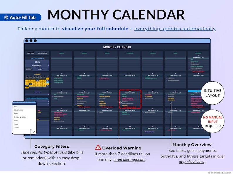 Dark mode ADHD Life Planner designed in Google Sheets and Excel to help you stay organized with an all-in-one digital dashboard. Includes a 2026 calendar, weekly and monthly planners, to-do lists, time blocking, goal tracking, habit tracker, budget and savings trackers, debt tracker, meal planner, grocery list, fitness and hydration trackers. A simple, modern, and easy-to-use spreadsheet template for everyday life management.