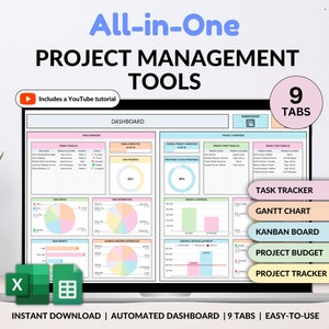 Może przedstawiać: Ekran laptopa wyświetlający arkusz kalkulacyjny zarządzania projektami z dziewięcioma kartami, w tym pulpit nawigacyjny, śledzenie zadań, wykres Gantta, tablicę Kanban, budżet projektu i śledzenie projektu. Arkusz kalkulacyjny ma kolorowy projekt z pastelowymi różowymi, niebieskimi, zielonymi i żółtymi akcentami. Tekst "All-in-One Project Management Tools" jest wyświetlany u góry ekranu. Tekst "9 Tabs" jest wyświetlany w różowym kółku w prawym górnym rogu ekranu. Tekst "Instant Download | Automated Dashboard | 9 Tabs | Easy-to-Use" jest wyświetlany u dołu ekranu.