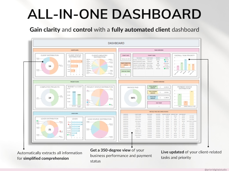 Client Tracker Spreadsheet for Small Business w/ Task Tracker Customer CRM Dashboard Google Sheets Excel Lead Management Invoice Tracker