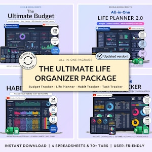 以下が含まれることがあります： 予算管理、ライフプランニング、習慣追跡用のスプレッドシートを備えたデジタル製品バンドル。画像には、カラフルなグラフとグラフを備えた、タブレットと電話の4つの異なるスプレッドシートインターフェースが表示されています。テキストには「The Ultimate Budget」と「All-in-One Life Planner 2.0」が含まれています。