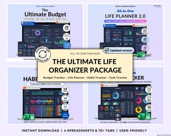 Life Planner Google Sheets Dark Mode Annual Budget Tracker Excel Budget Spreadsheet Habit Tracker Organization Planner Savings Tracker