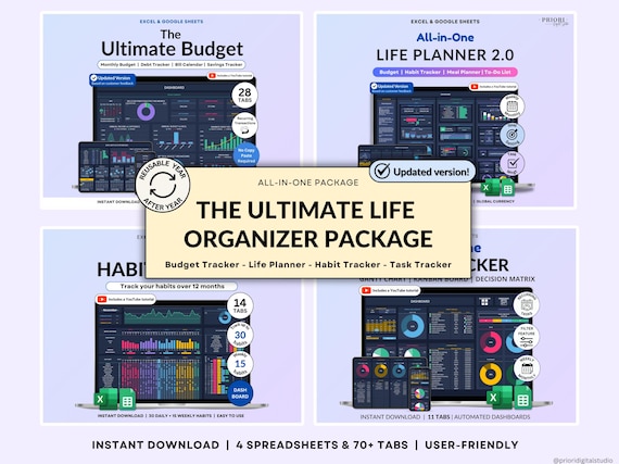 Life Planner Google Sheets Dark Mode Annual Budget Tracker Excel Budget Spreadsheet Habit Tracker Organization Planner Savings Tracker