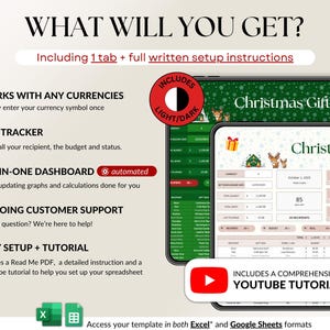 Holiday Gift Tracker Spreadsheet for Christmas budgeting and planning. Manage recipient names, gift ideas, stores, purchase links, and budgets in one dashboard. Track budget vs actual spending, see auto-updating charts, and monitor gift status bought, wrapped, and sent. Works with any currency and simplifies your holiday shopping with a clear all-in-one template.