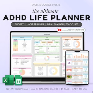 ADHD Life Planner ADHD Digital Organizer Planner Budget Tracker Meal Planner Foglio di calcolo Modello Calendario 2025 Elenco delle cose da fare Tracker di risparmio