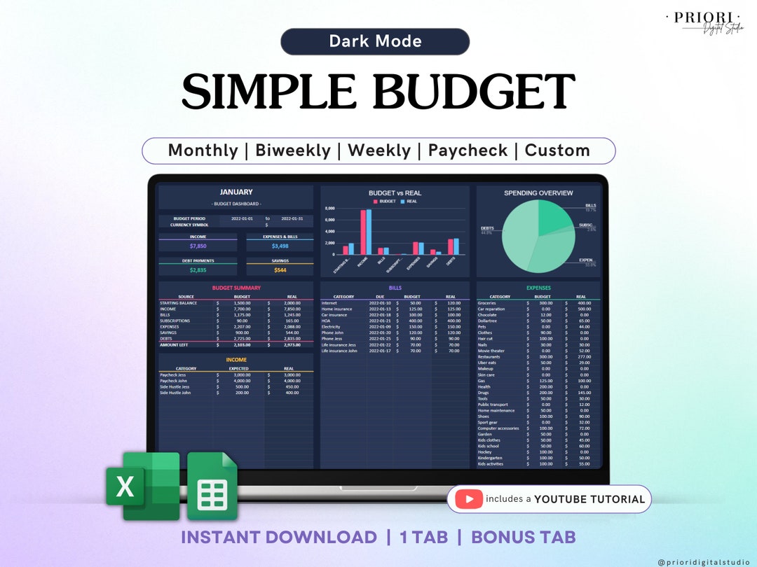 Simple Budget Spreadsheet Dark Mode Monthly Budget Spreadsheet Google ...