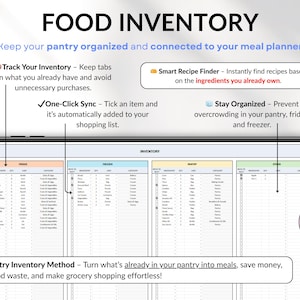 Weekly Meal Planner Spreadsheet for Google Sheets and Excel – organize your family meals, track recipes, plan grocery lists, monitor calories and macros, log hydration and weight, and manage food inventory automatically. Includes 15 tabs for recipes, meal scheduling, printable shopping lists, and weight loss tracking. Perfect for efficient meal planning and healthy eating.