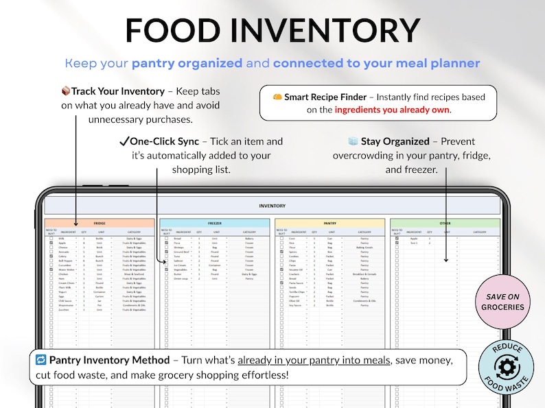 Weekly Meal Planner Spreadsheet for Google Sheets and Excel – organize your family meals, track recipes, plan grocery lists, monitor calories and macros, log hydration and weight, and manage food inventory automatically. Includes 15 tabs for recipes, meal scheduling, printable shopping lists, and weight loss tracking. Perfect for efficient meal planning and healthy eating.