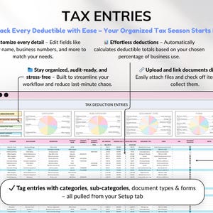 Business tax spreadsheet built for self-employed individuals, freelancers, and small business owners. Track deductions, write-offs, and tax-related transactions in one organized Google Sheets tax tracker. Perfect for annual reporting, 1099 form prep, and staying on top of business accounting and finance management.