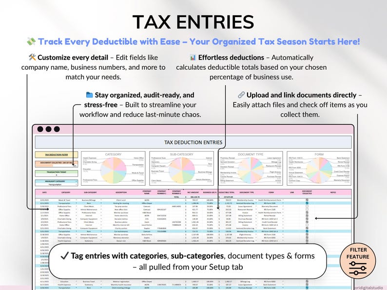 Business tax spreadsheet built for self-employed individuals, freelancers, and small business owners. Track deductions, write-offs, and tax-related transactions in one organized Google Sheets tax tracker. Perfect for annual reporting, 1099 form prep, and staying on top of business accounting and finance management.
