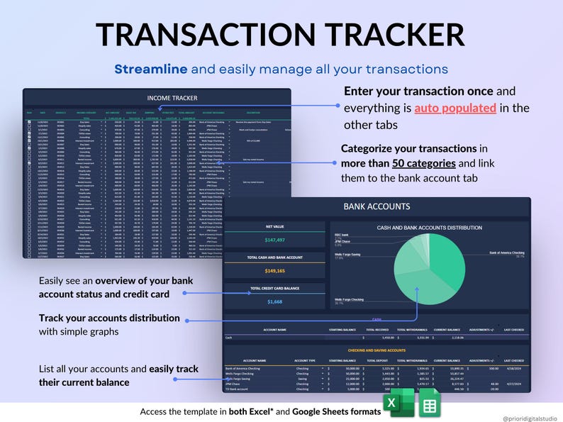 Small Business Bookkeeping Spreadsheet in dark mode designed to track income, expenses, profit, and sales tax in one organized system. Includes bank account tracking, mileage tracker, tax tracker, balance sheet, and monthly, quarterly, annual, and 5-year dashboards. Ideal accounting and financial planner template for small business owners using Excel or Google Sheets.