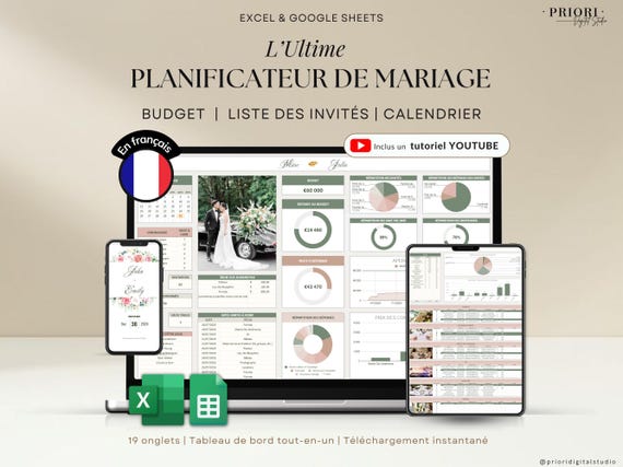 Planificateur Mariage Français Excel Google Sheets Budget Mariage Liste Invités Plan de Table Itinéraire Checklist Fiançailles Lune de Miel