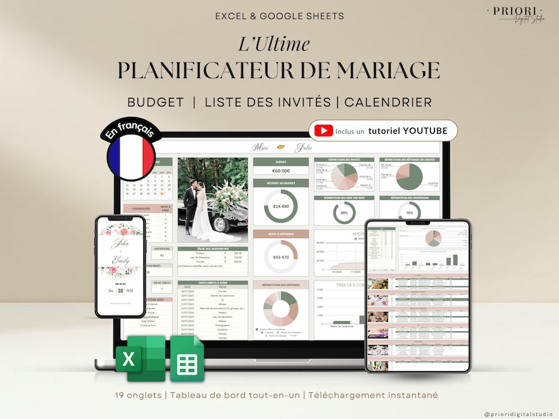 Planner de mariage numérique en français compatible Excel et Google Sheets. Suivi du budget, liste d'invités, plan de table, itinéraire, lune de miel, checklist de mariage, fiançailles, gestion des cadeaux et plus. Parfait pour planifier un mariage de A à Z. Téléchargement instantané, idéal pour les couples organisés. Outil tout-en-un pour mariage civil, religieux ou destination.