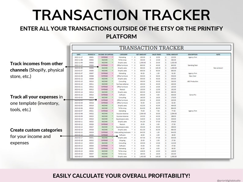 Etsy Seller Bookkeeping Spreadsheet POD Small Business Planner Income Expense Profit Tracker Google Sheets Excel Printify Profit Tax Tracker