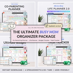 Busy Mom Life Organizer Bundle for Excel and Google Sheets featuring a complete co-parenting tracker, annual budget planner, life planner, meal planner, habit tracker, time blocking, and daily task tracker. Includes calendars, dashboards, custody schedules, expense tracking, savings, debt, goals, and productivity tools for organized family life.