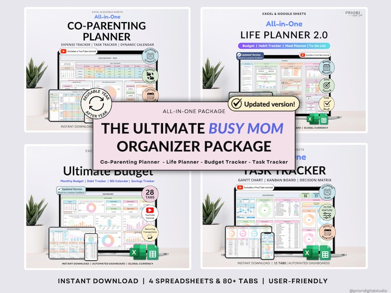 Busy Mom Life Organizer Bundle for Excel and Google Sheets featuring a complete co-parenting tracker, annual budget planner, life planner, meal planner, habit tracker, time blocking, and daily task tracker. Includes calendars, dashboards, custody schedules, expense tracking, savings, debt, goals, and productivity tools for organized family life.