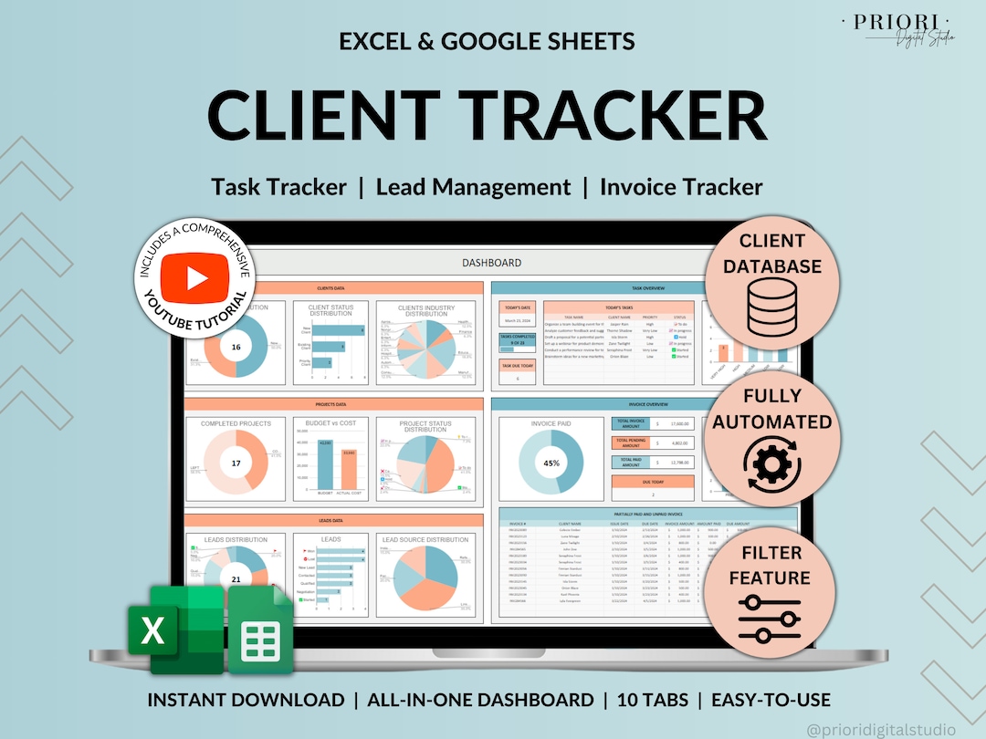 Client Tracker Spreadsheet for Small Business W/ Task Tracker Customer ...