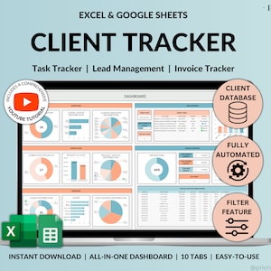 Client Tracker Spreadsheet for Small Business w/ Task Tracker Customer CRM Dashboard Google Sheets Excel Lead Management Invoice Tracker