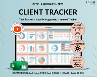 Feuille de calcul Client Tracker pour petites entreprises avec suivi des tâches Tableau de bord CRM client Feuilles Google Gestion des leads Excel Suivi des factures