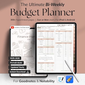Op de afbeelding: Digitale tweewekelijkse budgetplanner voor iPad en Android. De planner bevat meer dan 300 hyperlinked pagina's, met opties voor zondag of maandag start. Functies omvatten portretmodus, jaarlijkse updates en direct downloaden. Voor Goodnotes en Notability.