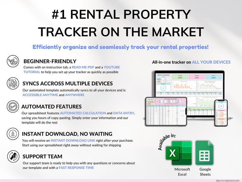 Rental Property Tracker Landlord Spreadsheet Multi Property Income and Expense Excel Google Sheets Rental Bookkeeping Rent Payment Tracker Tenant Ledger Property Management Real Estate Finances