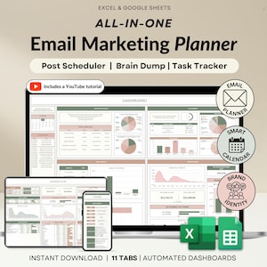 May include: A digital email marketing planner shown on a laptop, tablet, and smartphone. The planner includes a post scheduler, brain dump, and task tracker. The image also includes the text "Includes a YouTube tutorial" and "Instant Download | 11 Tabs | Automated Dashboards."