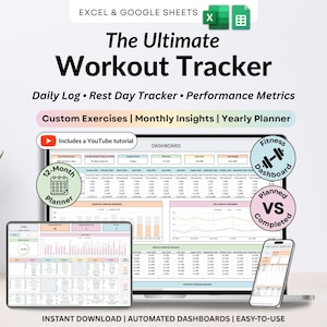 Może przedstawiać: Cyfrowy tracker treningowy dla Excel i Google Sheets wyświetlany na laptopie, tablecie i smartfonie. Ekran pokazuje pulpit nawigacyjny z wykresami, tabelami i metrykami. Tekst zawiera The Ultimate Workout Tracker, Daily Log, Rest Day Tracker, Performance Metrics, Custom Exercises, Monthly Insights, Yearly Planner oraz Includes a YouTube tutorial.