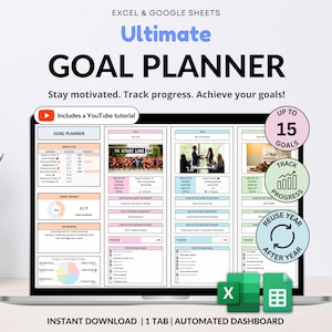 May include: A laptop screen displays a goal planner with the text "Ultimate Goal Planner." The planner includes sections for tracking goals, progress, and a YouTube tutorial. The design incorporates pink, blue, and green accents, with icons for goals and progress.