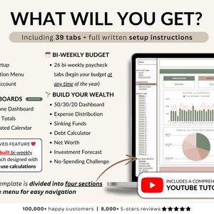 Biweekly budget planner template for Google Sheets and Excel with 26 paycheck tabs, all-in-one dashboard, automated calendar, and annual totals. Track income, expenses, debt, savings, and net worth. Includes 50/30/20 budget dashboard, sinking funds, investment forecast, and no-spending challenge. The perfect digital budget spreadsheet to manage finances, bills, and wealth year-round.