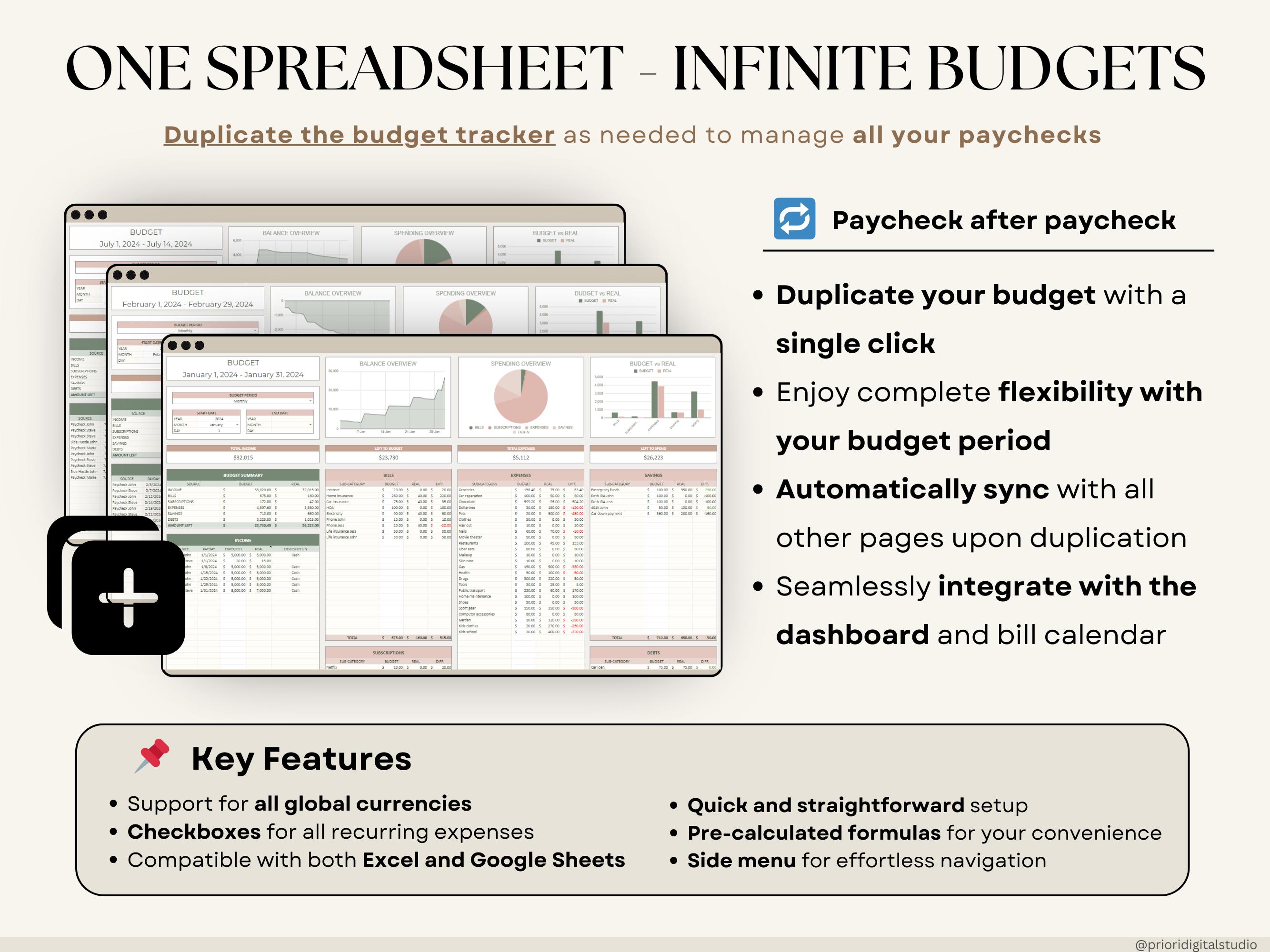 Paycheck Budget Spreadsheet for Google Sheets Weekly Budget Monthly ...