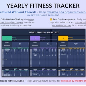 Workout Planner Spreadsheet for Google Sheets & Excel in dark mode featuring a Fitness Tracker, Exercise Log, Gym Planner, Weightlifting Log, Workout Calendar, and Weight Loss Tracker. Track sets, reps, weight, cardio workouts, and training progress with automated dashboards, workout analytics, exercise tracking, monthly calendar views, and yearly fitness reports. Perfect for gym training, Pilates, athletic training, health and wellness, and personal fitness goals.
