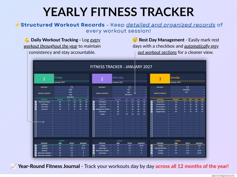 Workout Planner Spreadsheet for Google Sheets & Excel in dark mode featuring a Fitness Tracker, Exercise Log, Gym Planner, Weightlifting Log, Workout Calendar, and Weight Loss Tracker. Track sets, reps, weight, cardio workouts, and training progress with automated dashboards, workout analytics, exercise tracking, monthly calendar views, and yearly fitness reports. Perfect for gym training, Pilates, athletic training, health and wellness, and personal fitness goals.