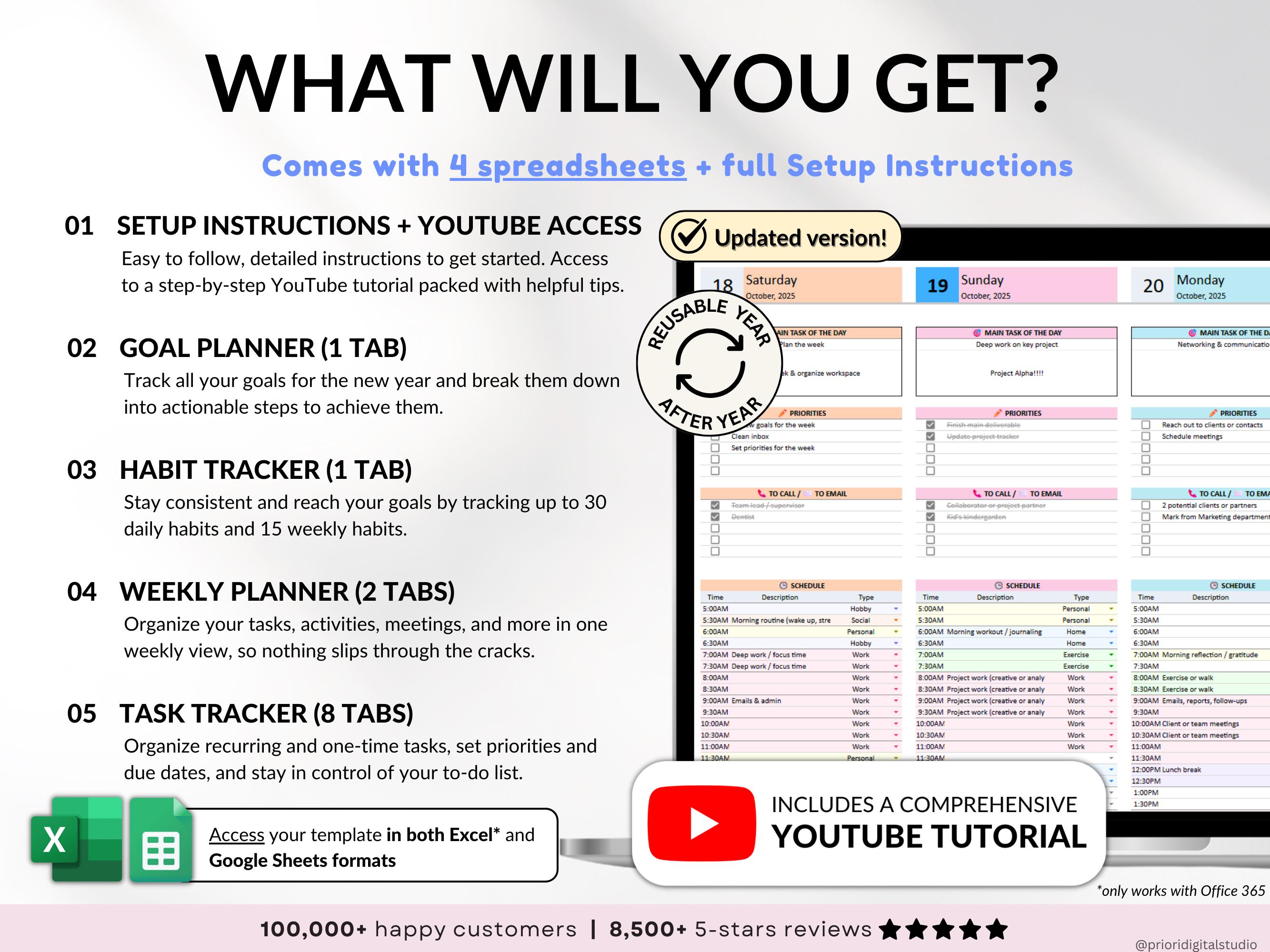 Productivity Bundle Habit Tracker Google Sheets Excel Daily Weekly ...